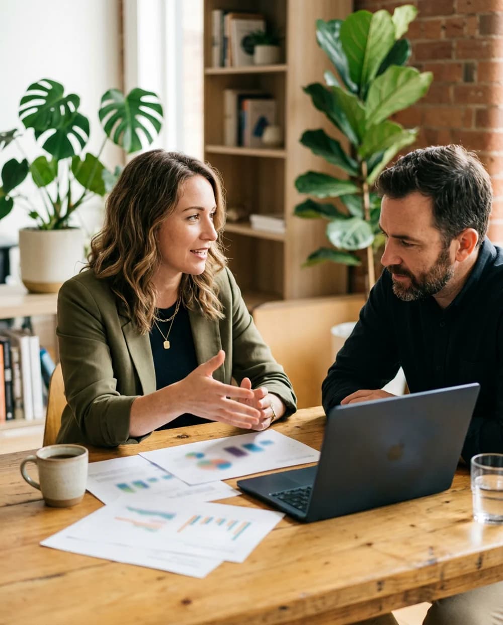 SEO-Beraterin und Kunde priorisieren gemeinsam Auswertungen am Arbeitstisch