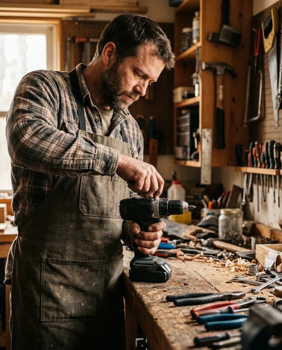 Handwerker arbeitet konzentriert in seiner Werkstatt