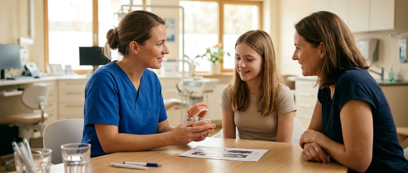 Kieferorthopädin bespricht den Behandlungsplan mit einer Familie