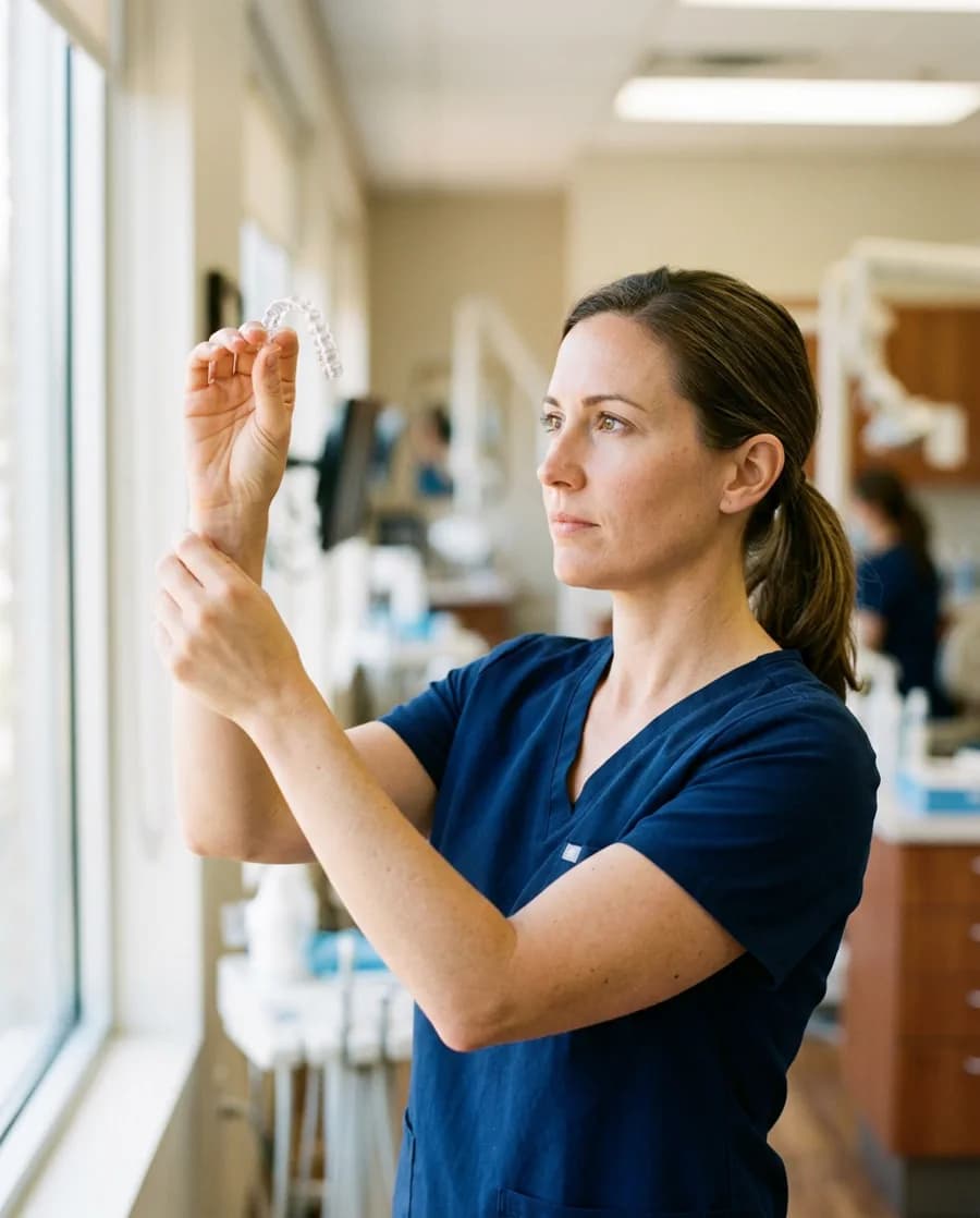 Kieferorthopädin prüft eine transparente Aligner-Schiene