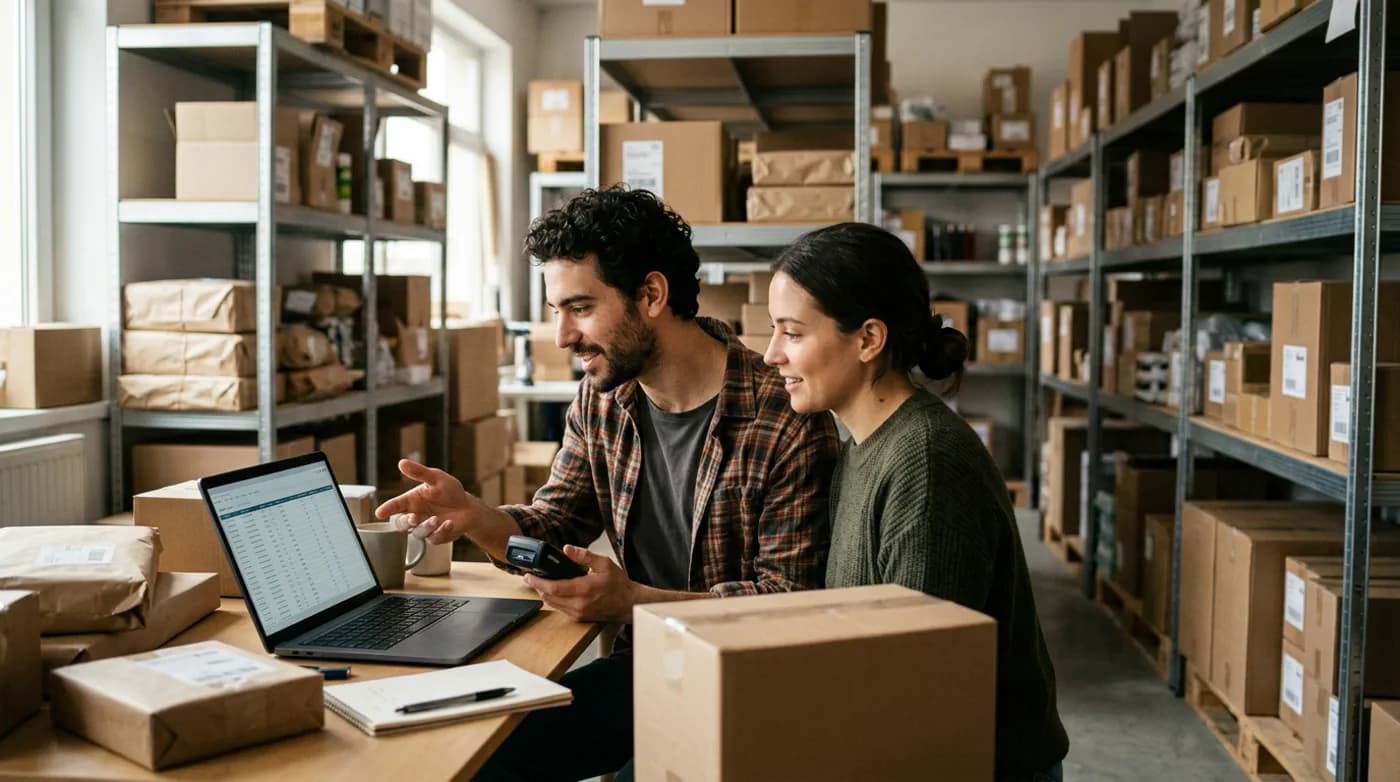 E-Commerce-Team prüft Bestände am Laptop im Lager