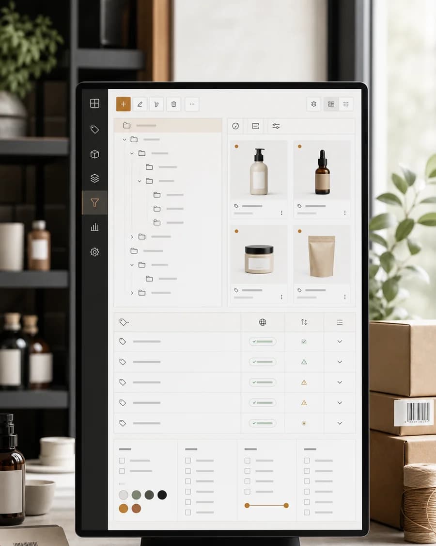 Shop-Backend mit Kategoriebaum, Produktgruppen und Indexierungsstatus