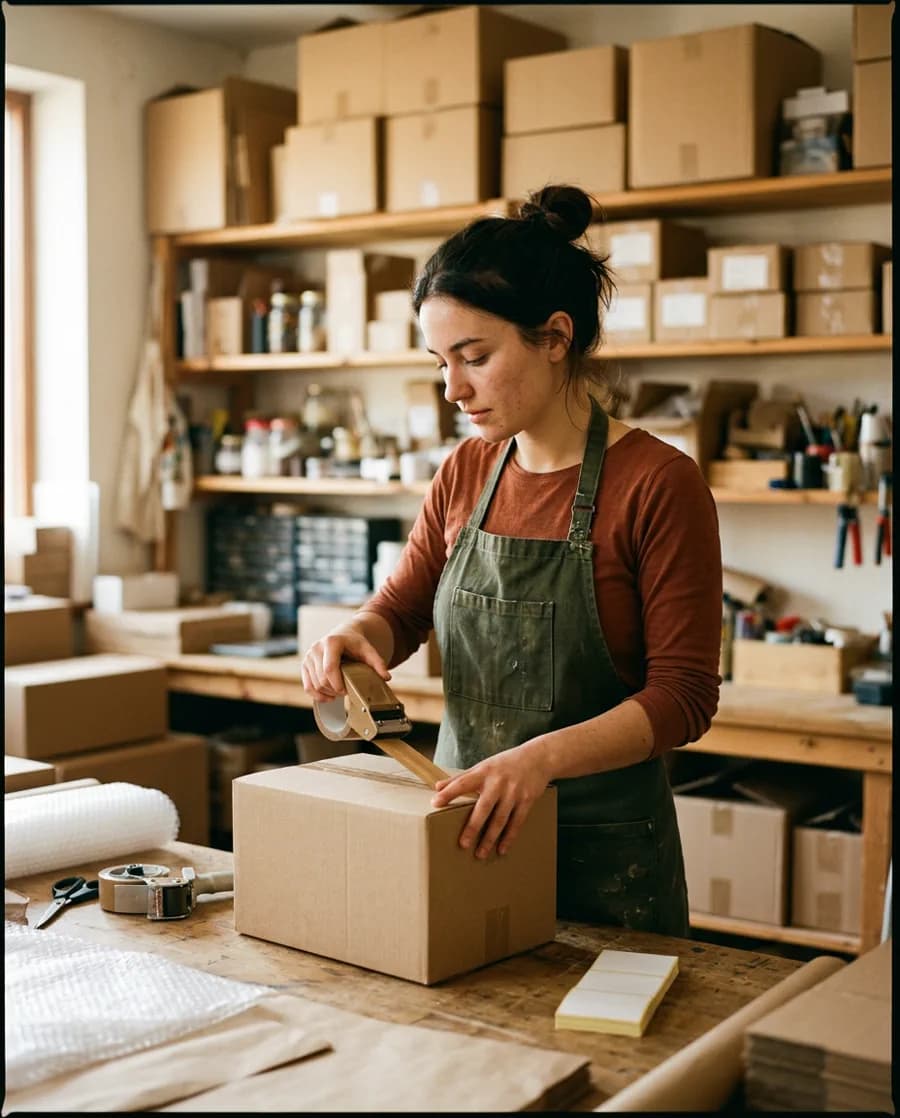 Shop-Betreiberin packt eine Bestellung am Packtisch