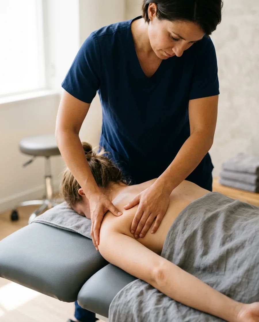 Hände eines Physiotherapeuten bei der Schulterbehandlung