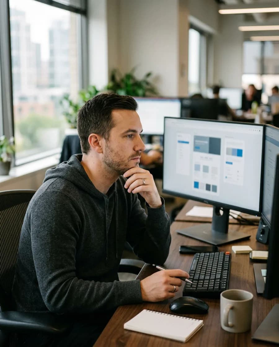 SaaS-Teammitglied analysiert eine digitale Anwendung am Bildschirm