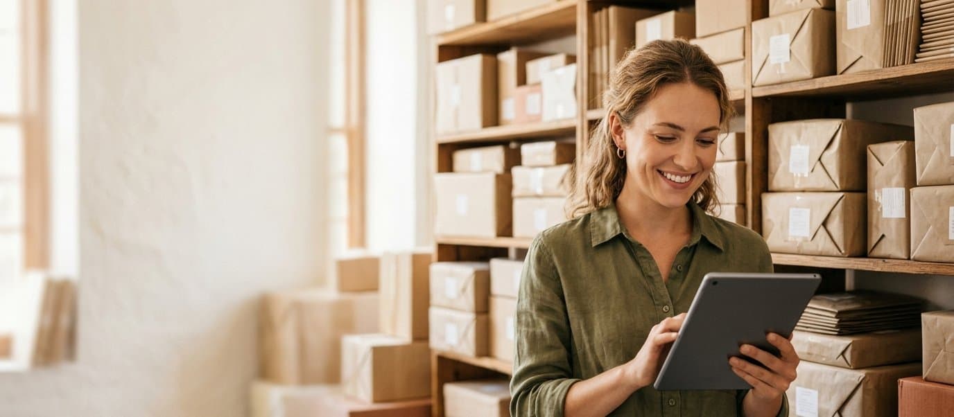 Shop-Betreiberin bereitet Bestellungen im Lager vor — mehr organische Bestellungen durch Shop-SEO