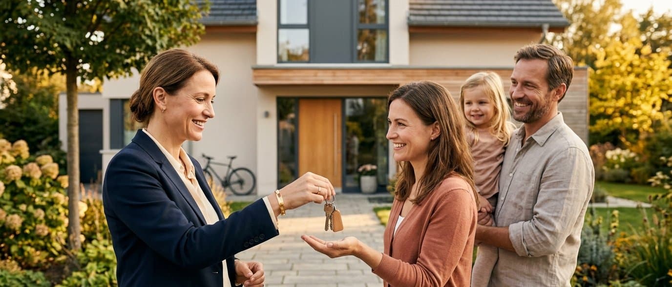 Immobilienmakler bei einer Objektbesichtigung mit Eigentümern