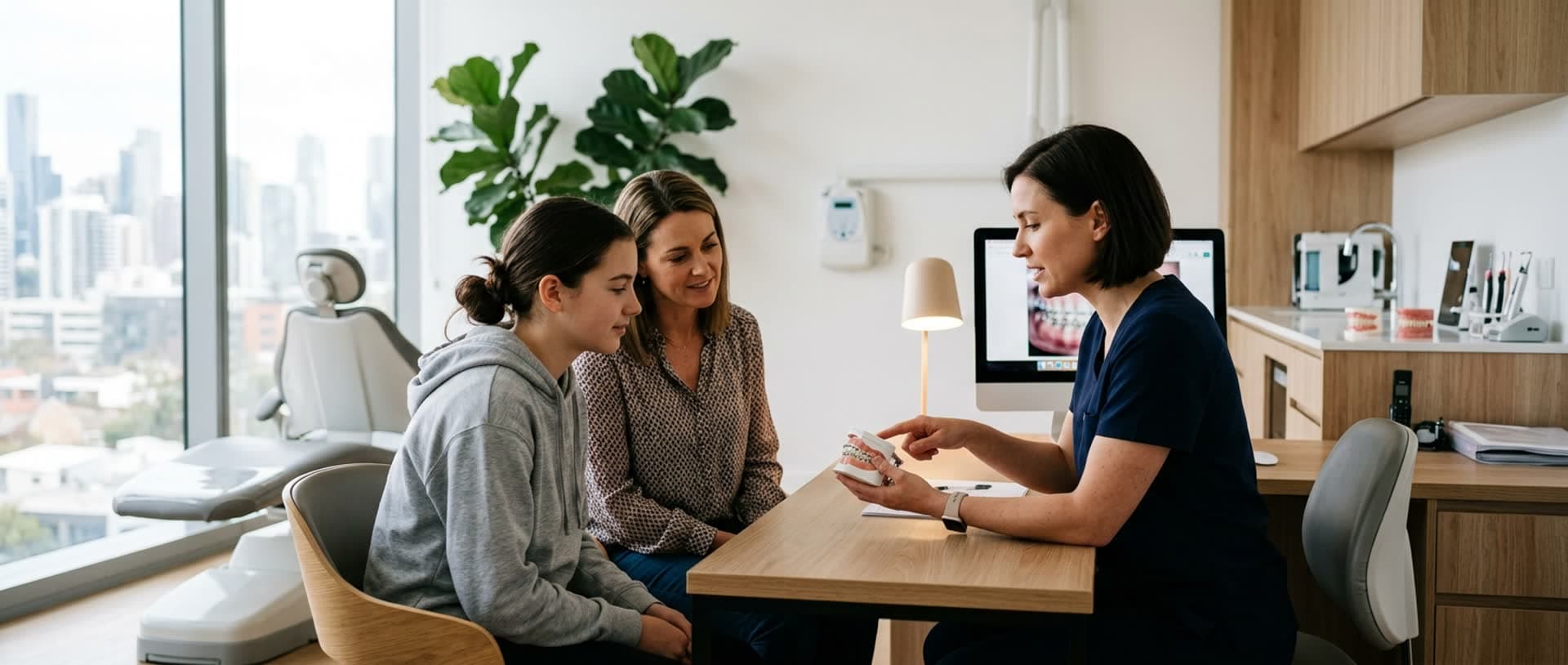 Kieferorthopädische Beratung mit Zahnmodell für eine Familie