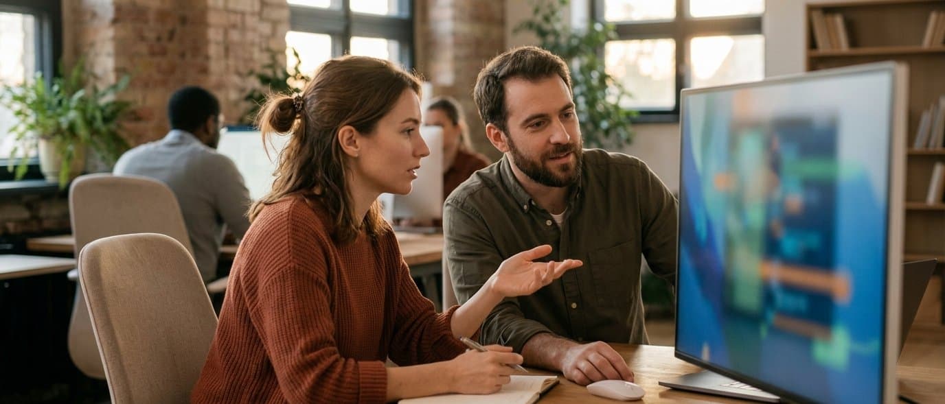 SaaS-Team bespricht die Weiterentwicklung der Software im Büro