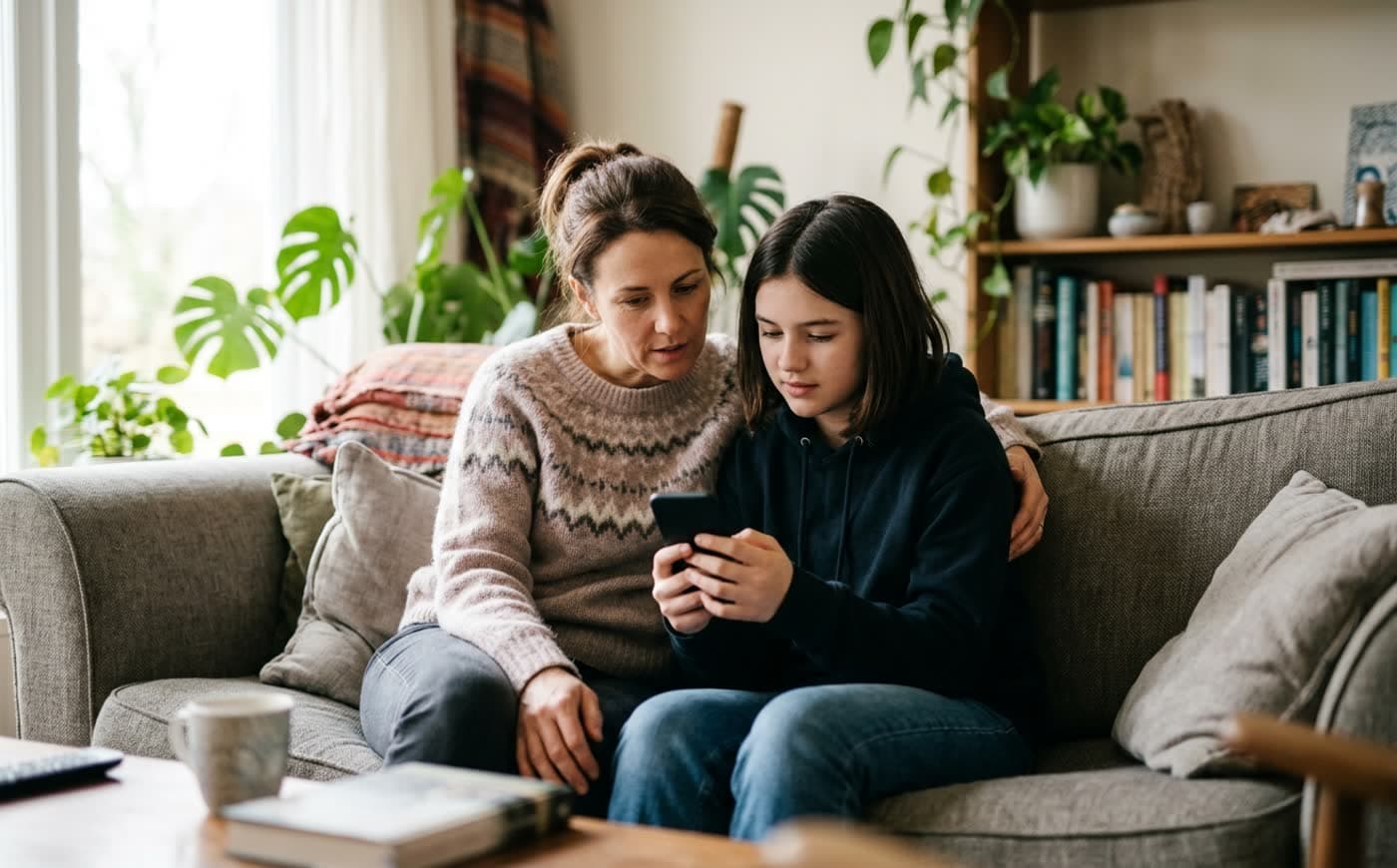 Mutter und Tochter recherchieren gemeinsam am Smartphone zur Zahnspange