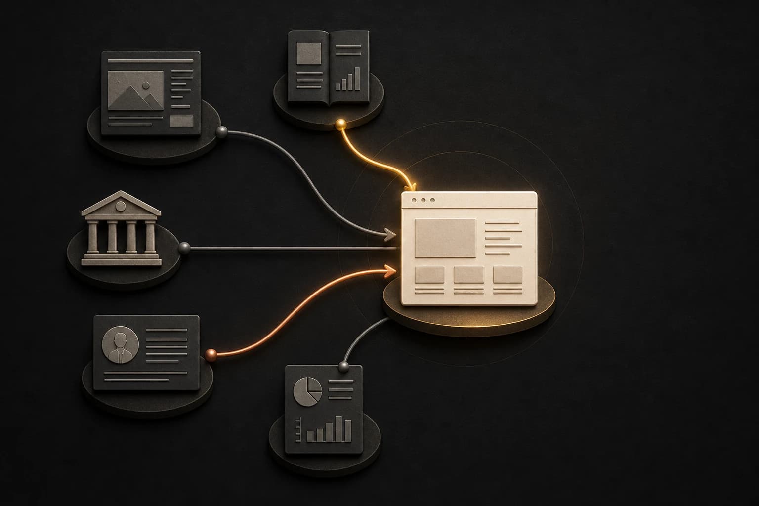 Schematischer Backlink-Graph: Fachmedien, Institutionen und Datenquellen verweisen auf eine zentrale Zielseite