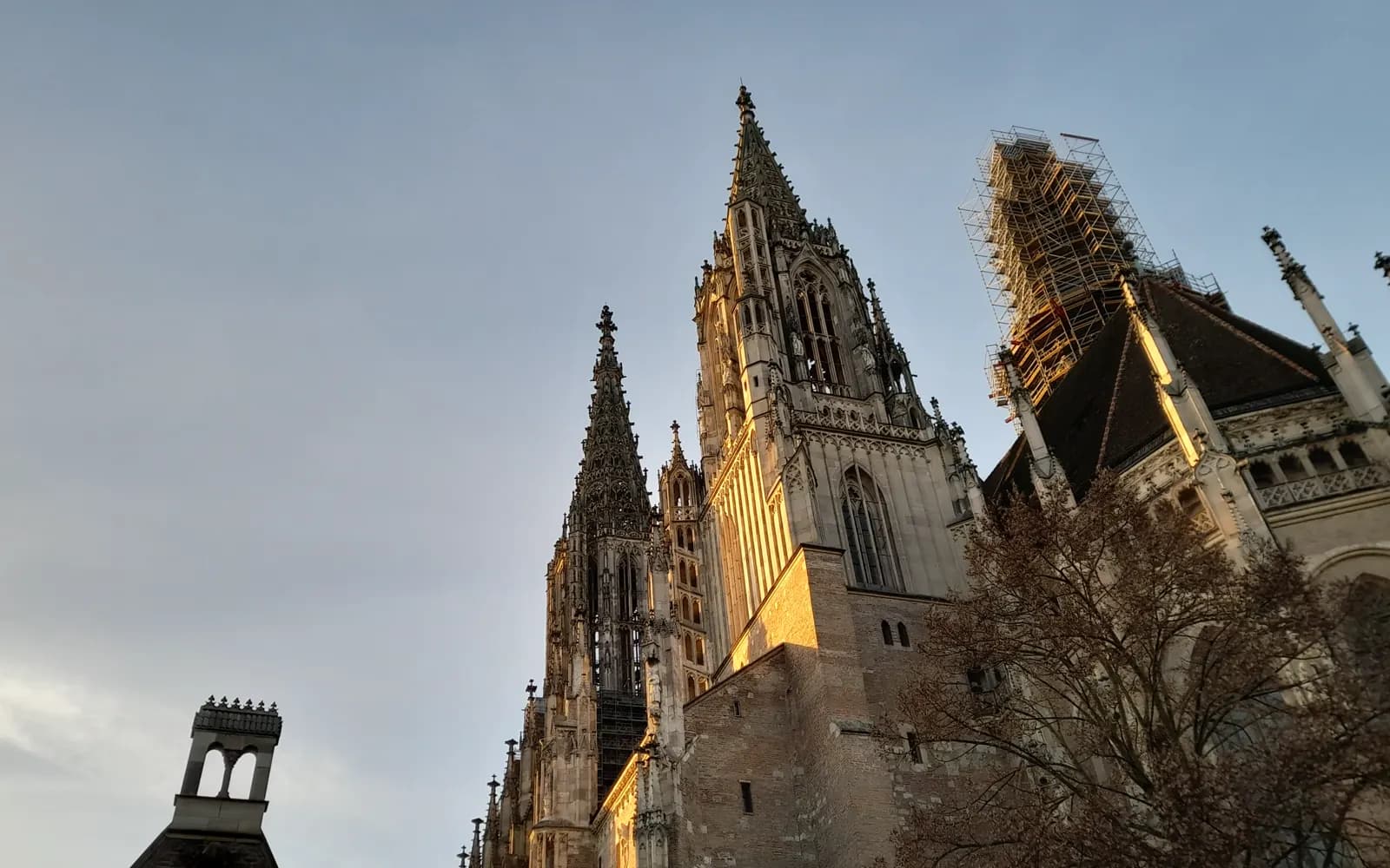 Ulmer Münster aus der Froschperspektive im Abendlicht