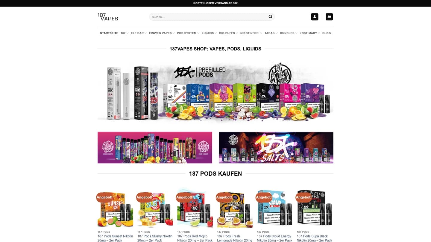 Startseite des von SeoForge betreuten Online-Shops 187Vapes mit Navigation, Markenbanner und Produktübersicht