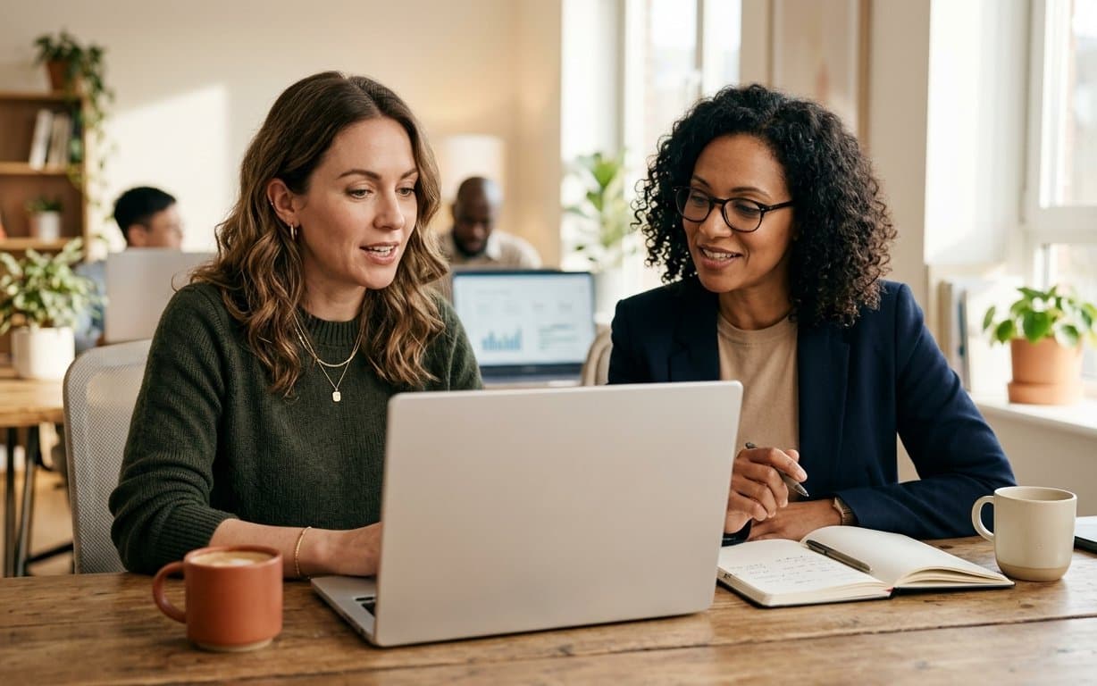 Zwei Kolleginnen besprechen Prioritäten einer laufenden SEO-Zusammenarbeit