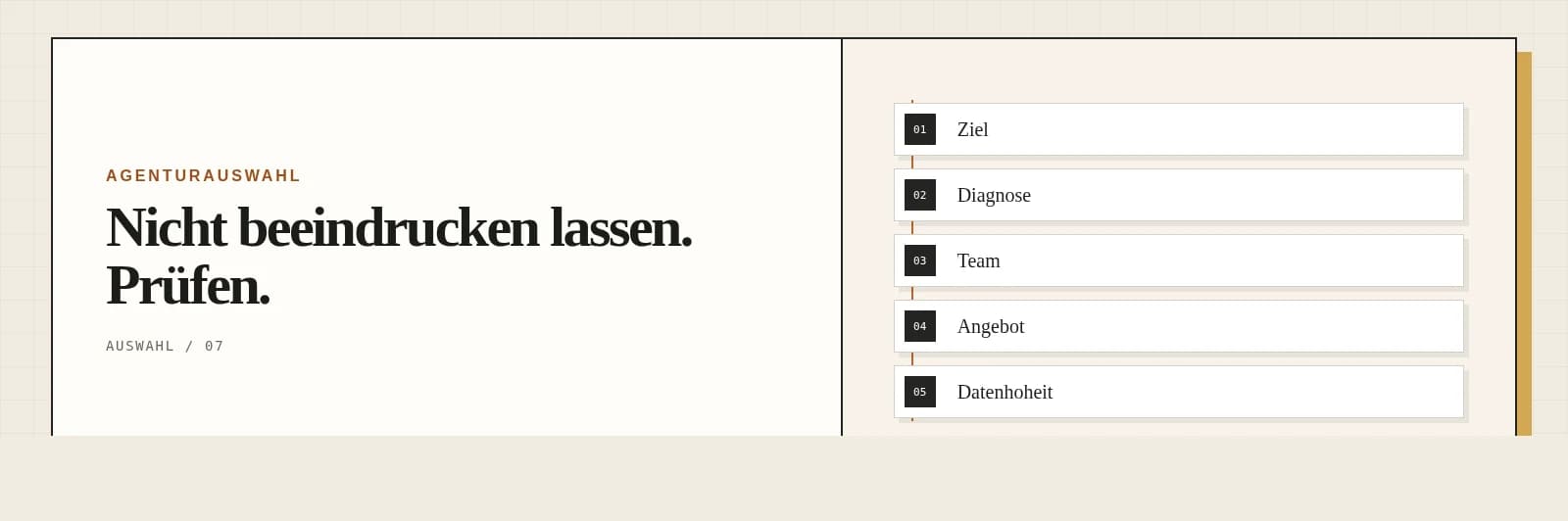 Auswahlakte mit sieben Prüffeldern für eine gute SEO-Agentur