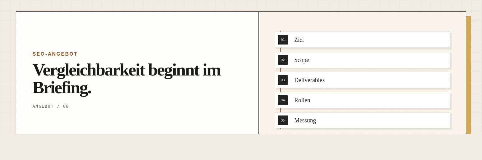 Strukturiertes SEO-Angebot mit Briefing, Leistungsumfang und Vergleichsmatrix