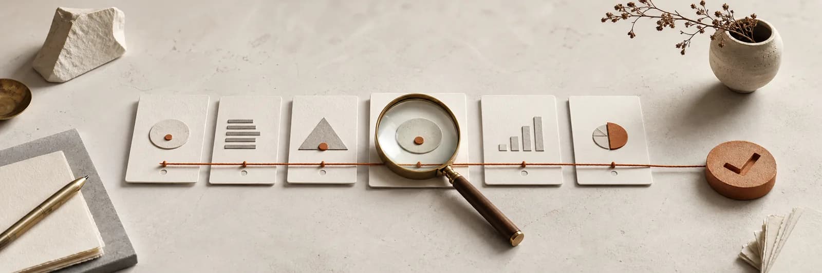 Illustrierte SEO-Analyse mit organischen Suchspuren, Prüfmarken und einer priorisierten Notiz