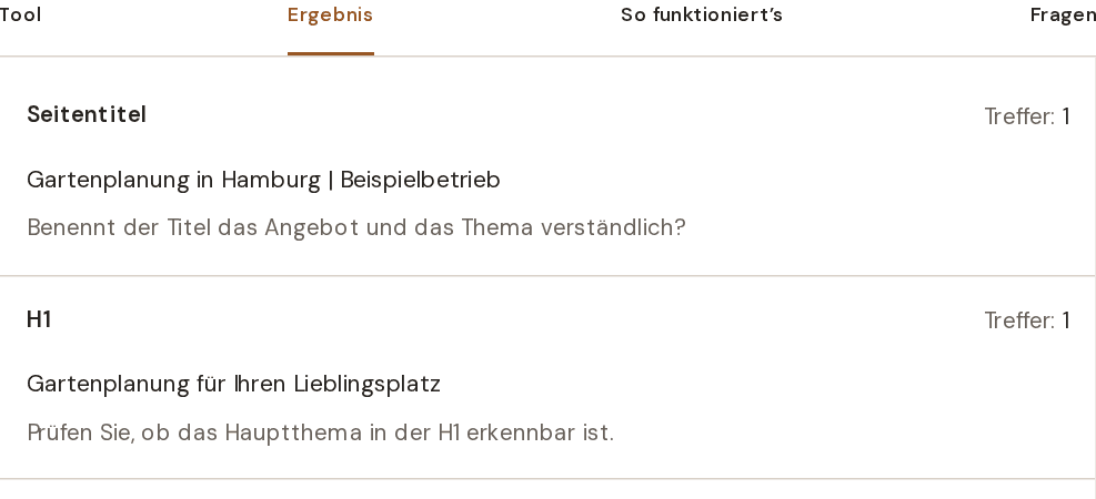 Beispiel aus dem Keyword-Checker: Fundstellen für Gartenplanung.