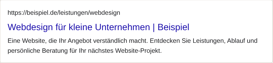 Echte Snippet-Vorschau mit beispielhaftem Webdesign-Titel und Beschreibung.