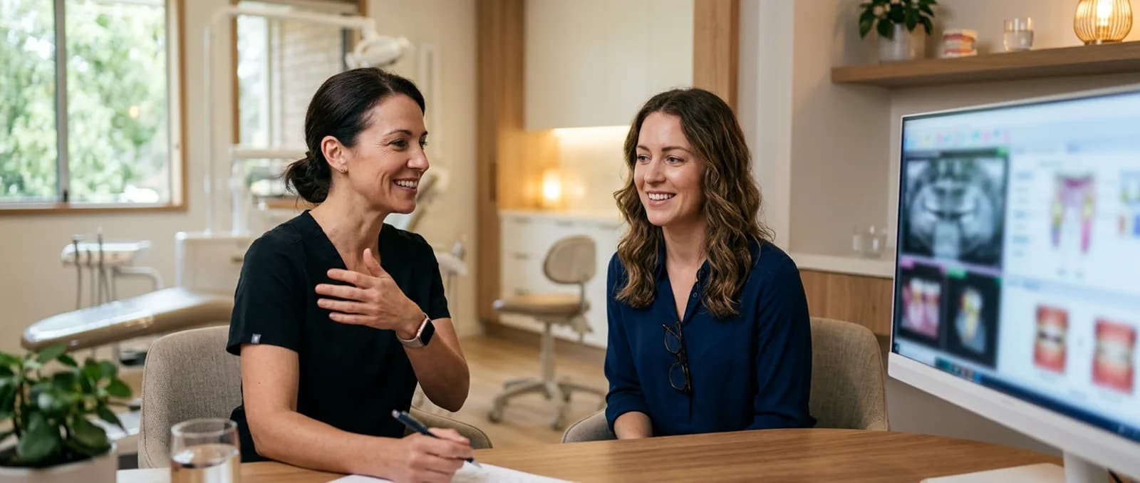 Zahnärztin erklärt einer Patientin die Behandlungsplanung am Bildschirm