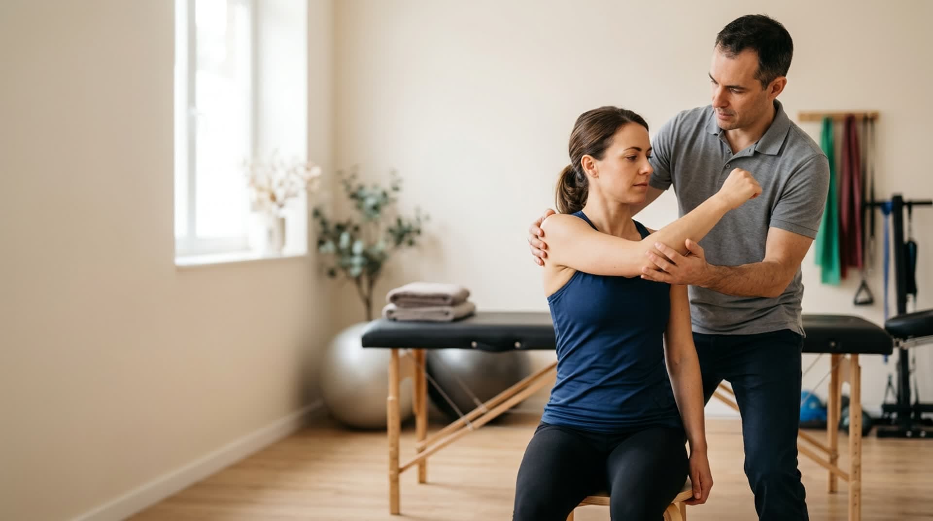 Physiotherapeut leitet eine Patientin bei einer Übung an — Sichtbarkeit für Physiotherapie-Praxen