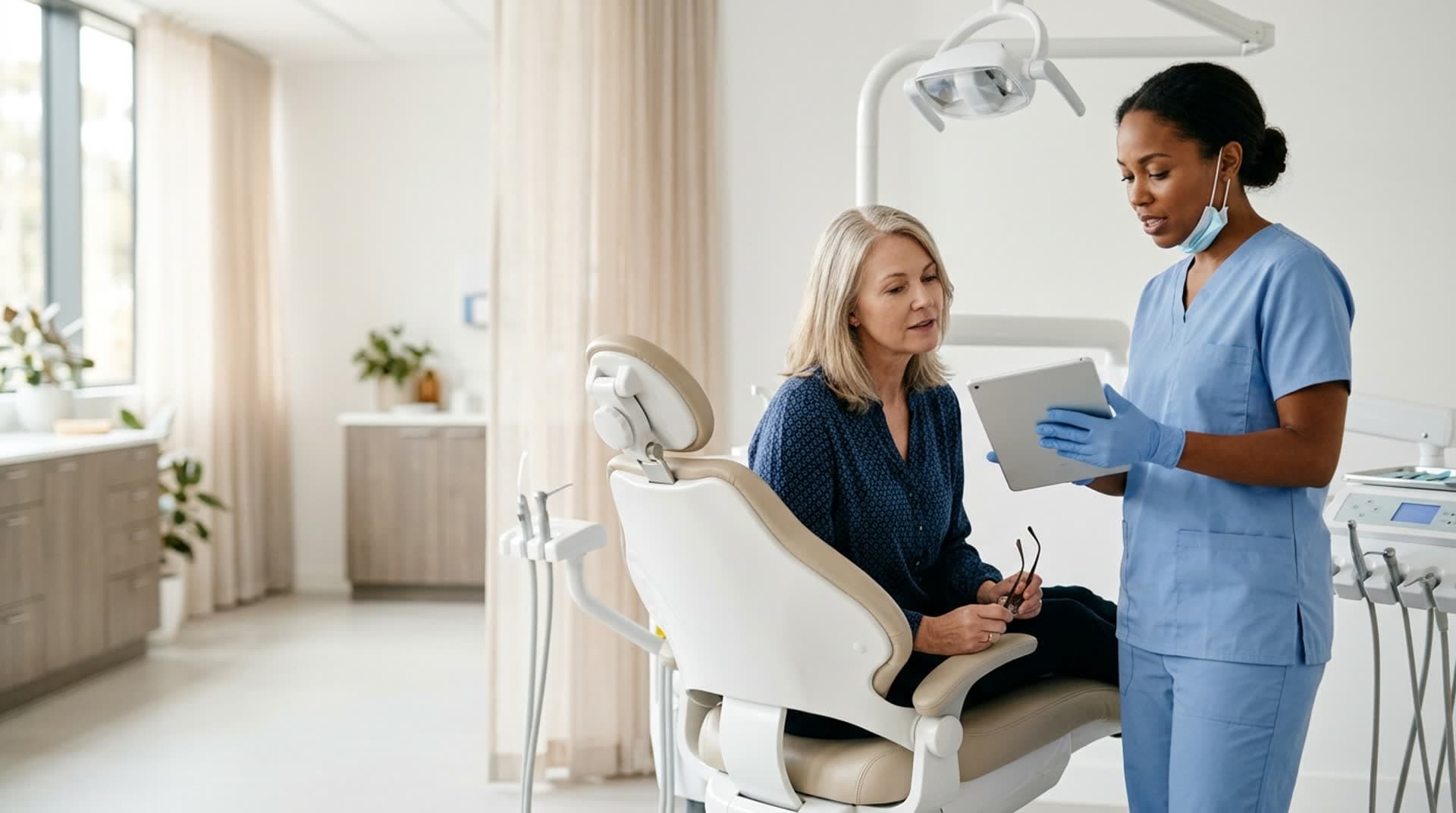 Zahnärztin bespricht eine Behandlung mit einer Patientin am Behandlungsstuhl — Sichtbarkeit für Zahnarztpraxen