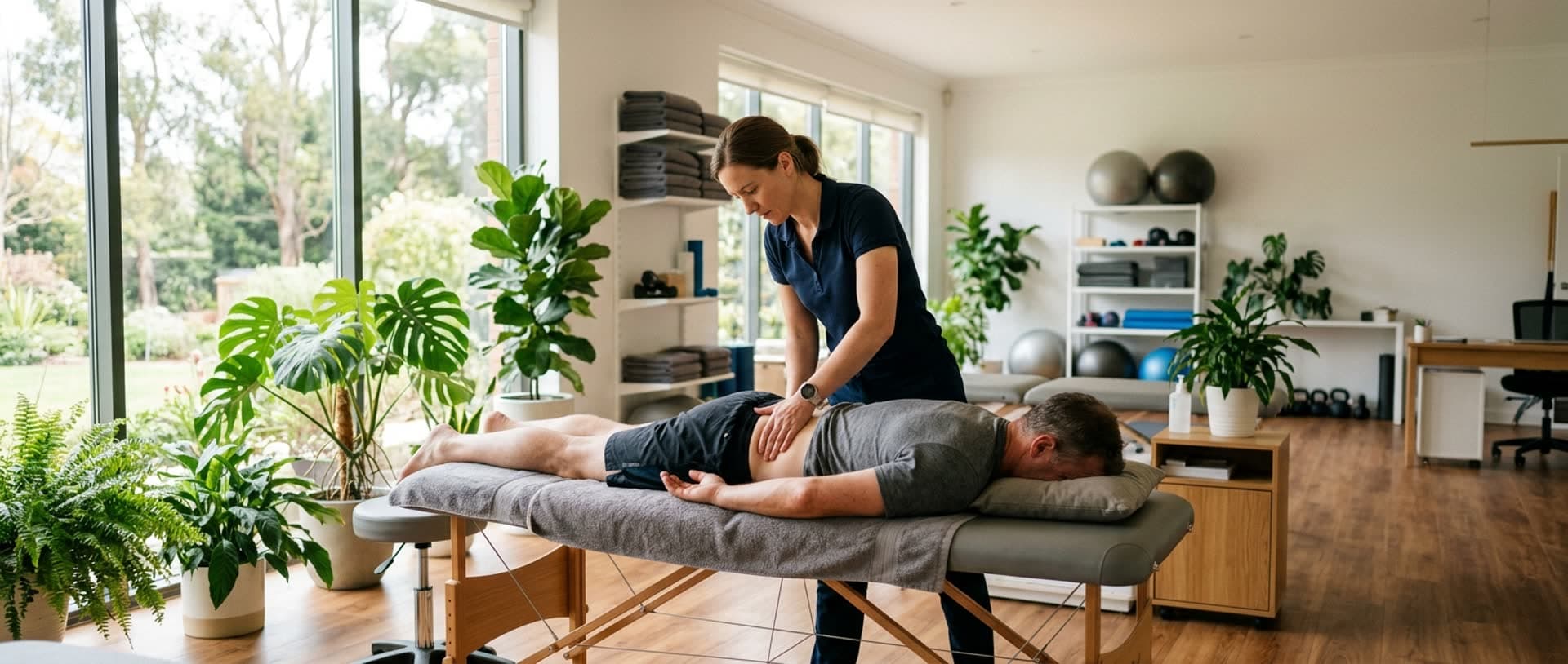 Physiotherapeut behandelt eine Patientin auf der Behandlungsliege
