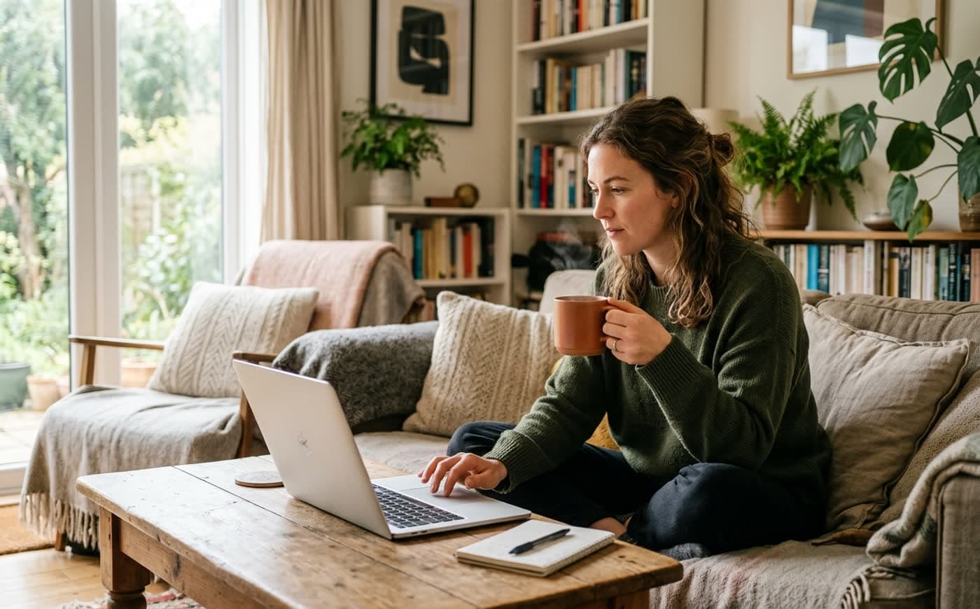 Frau recherchiert mit einer Tasse Tee am Laptop nach einer Naturheilpraxis