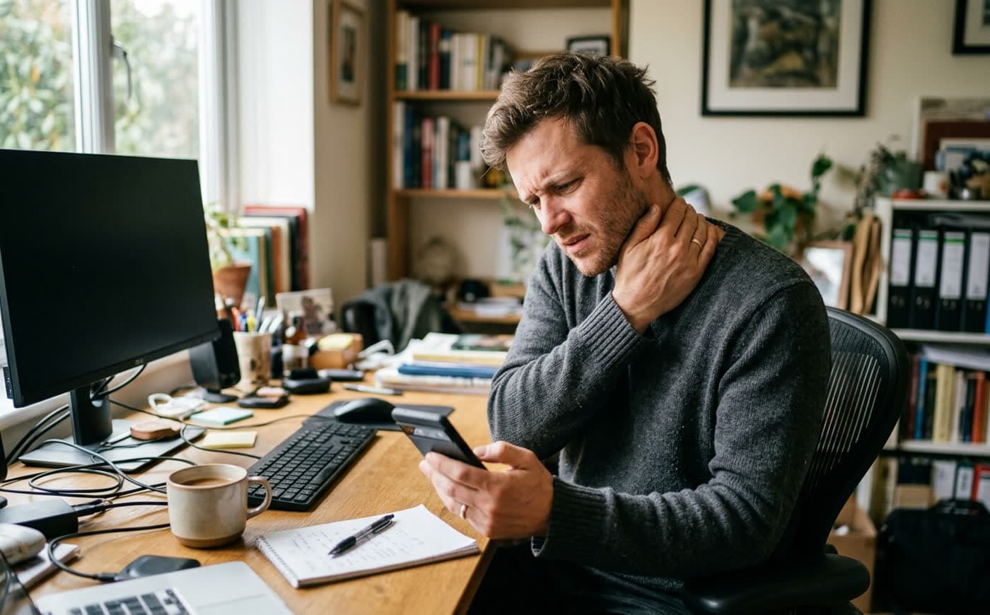 Mann mit Nackenverspannung sucht am Smartphone nach einer Physiotherapie-Praxis