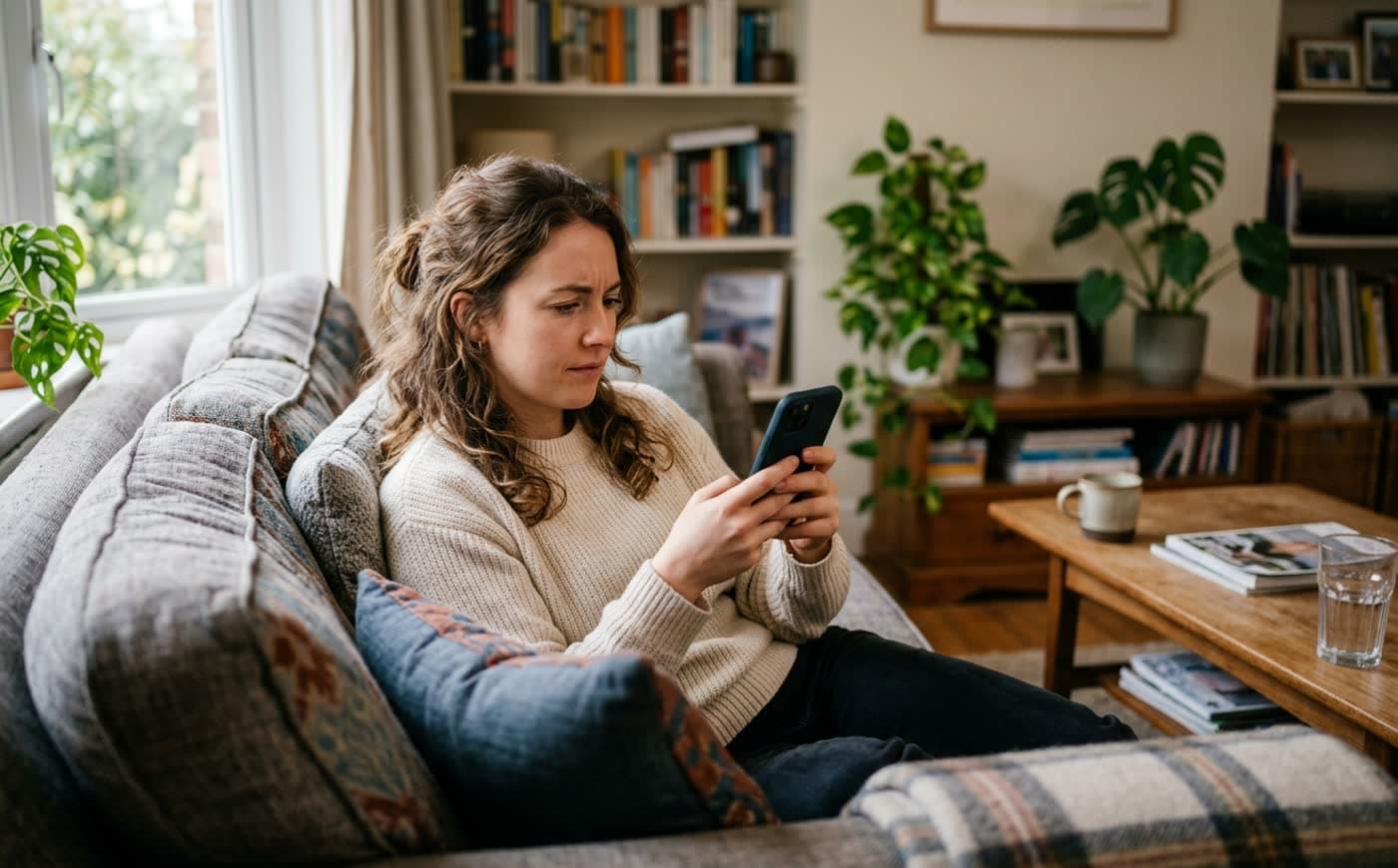Patientin recherchiert Zahnbehandlungs-Kosten auf dem Smartphone