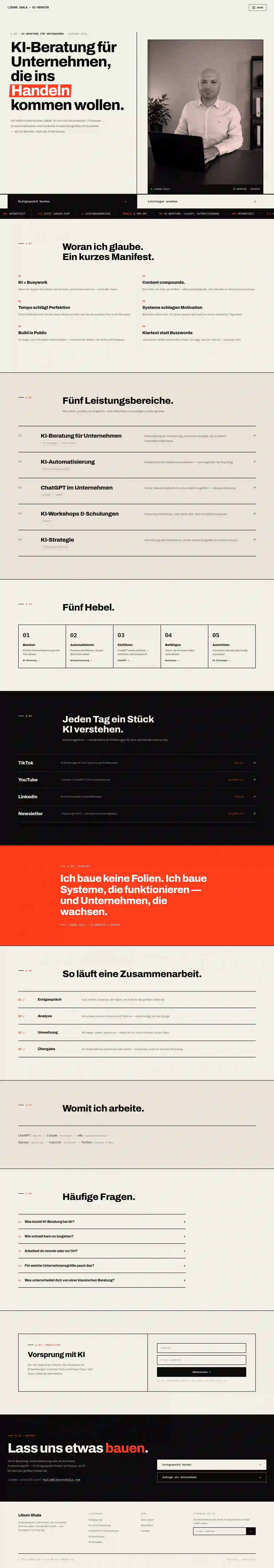 Vollständiger langer Seitenentwurf der Liburn Shala Swiss Editorial Homepage