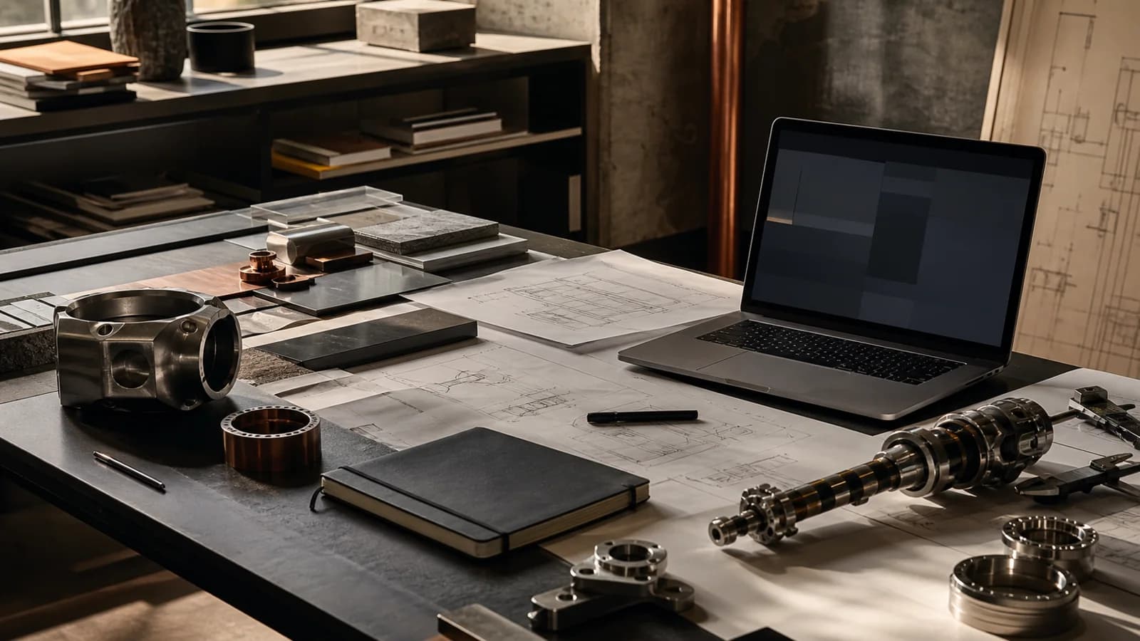 Redaktioneller Arbeitstisch mit technischen Zeichnungen und präzisen Bauteilen