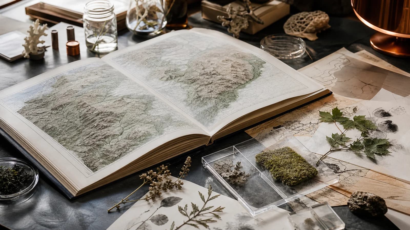 Offener Atlas mit Pflanzenproben und wissenschaftlichen Arbeitsmaterialien