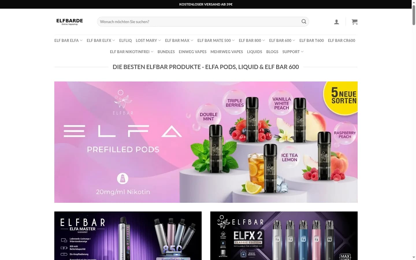 Screenshot des Elfbarde-Onlineshops als Einblick in das Kundenprojekt