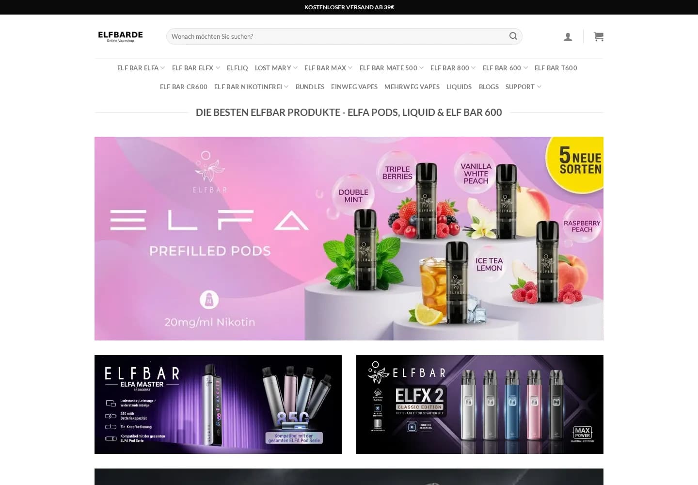 Elfbarde-Shop mit Navigation nach Produktfamilien und Kategorien