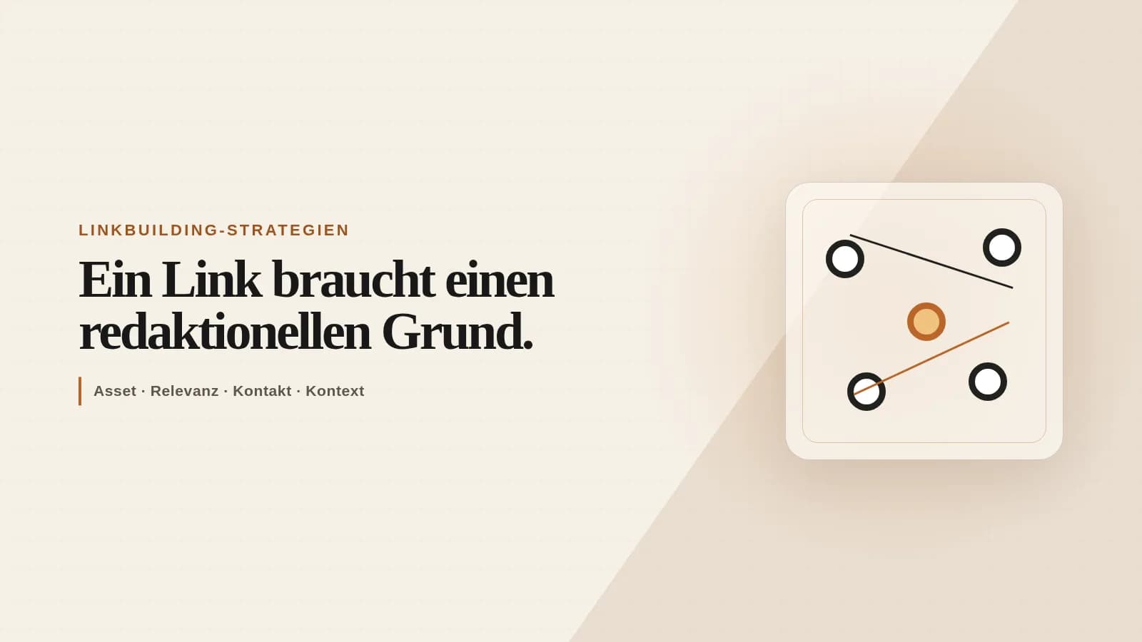 Redaktionelles Netzwerk aus fünf verbundenen Knoten mit einem hervorgehobenen relevanten Verweis