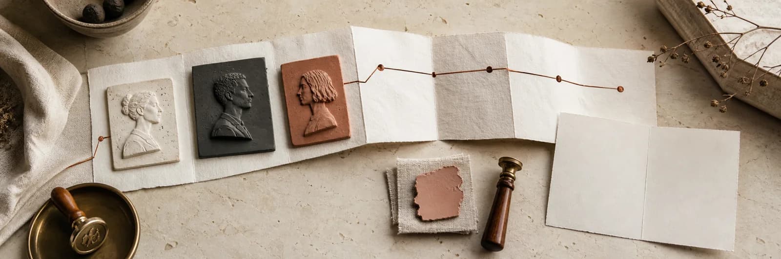 Drei handgefertigte Porträtreliefs neben einer gefalteten Zeitleiste, einem Materialbeleg und einer offenen Karte für den nächsten Schritt