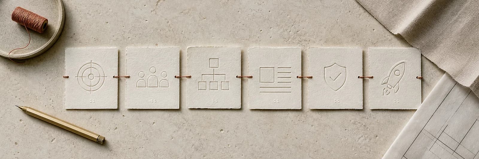 Taktile Karten für Ziel, Zielgruppe, Seitenstruktur, Inhalt, Qualität und Launch, verbunden durch eine kupferfarbene Linie
