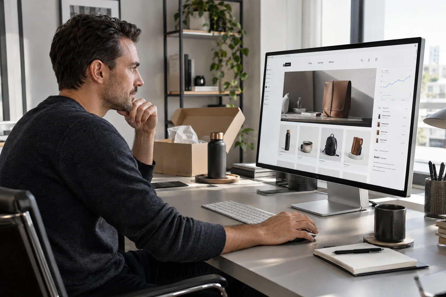 KI-generiertes Motiv: ein männlicher Shopbetreiber arbeitet an einem modernen Computer mit Shop-Software.