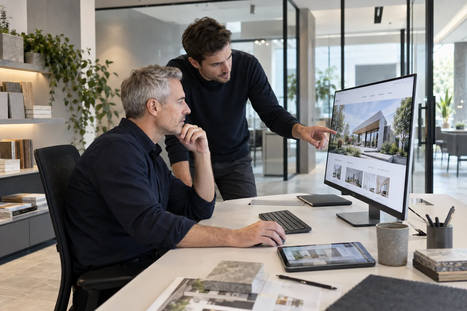KI-generiertes Motiv: zwei männliche Dienstleister besprechen eine Unternehmenswebsite am Monitor in einem modernen Büro.