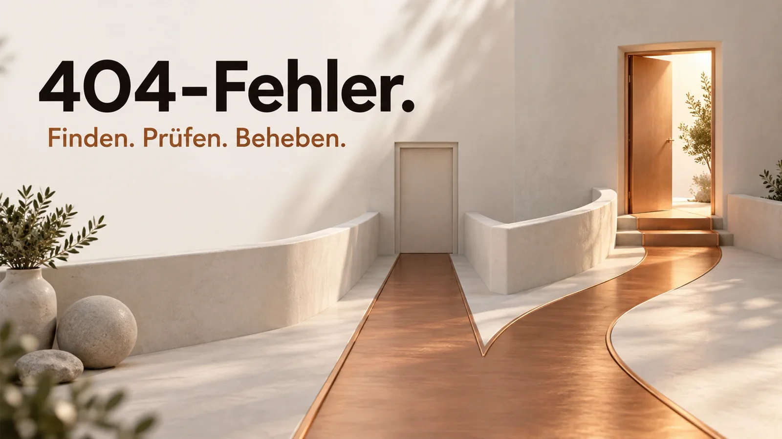 Kupferne Wege führen zu einer geschlossenen und einer offenen Tür; Themenmotiv zu 404-Fehlern.