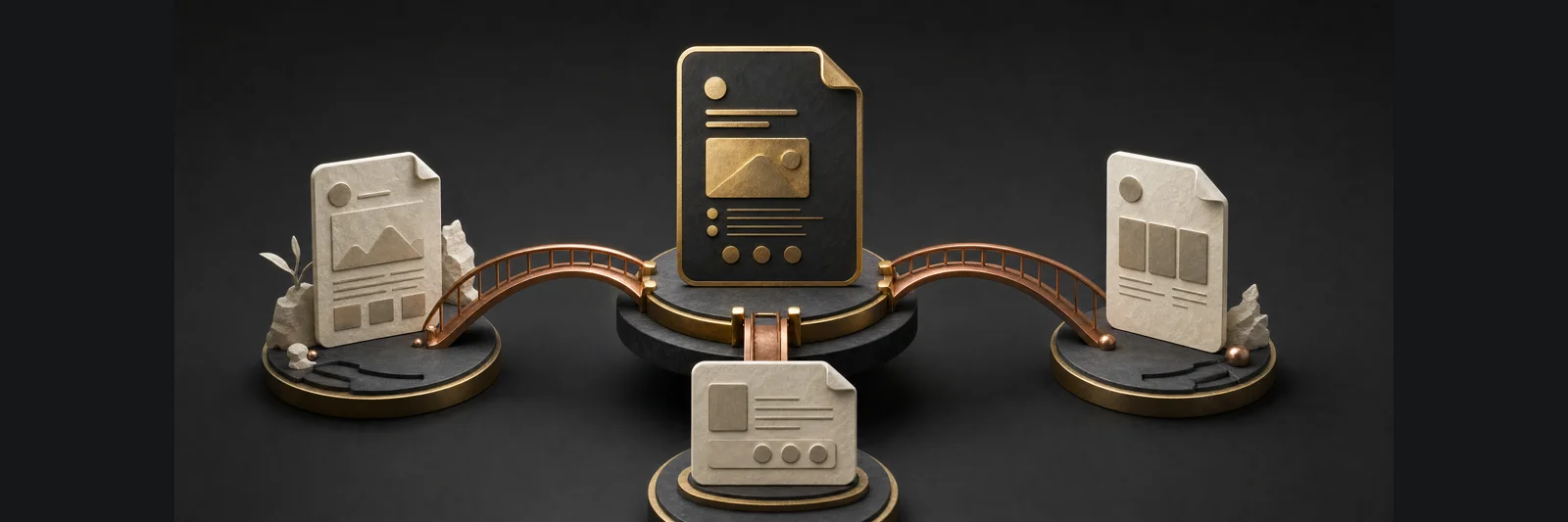 Getrennte Website-Flächen, die durch goldene Verbindungen verknüpft sind.