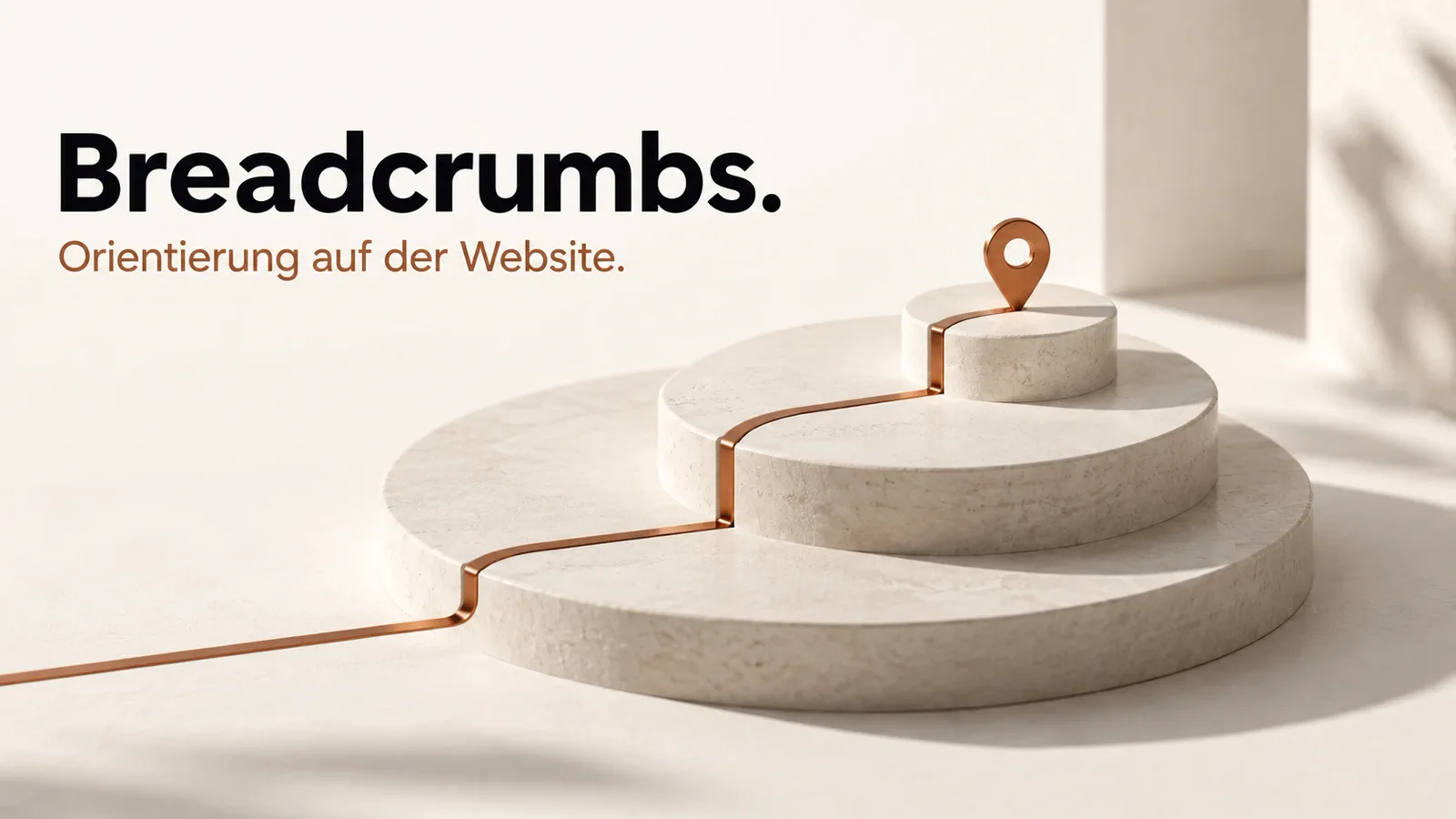 Ein kupferner Weg führt über drei ivoryfarbene Ebenen zu einer Standortmarkierung.