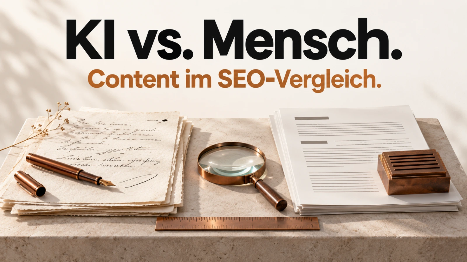 Handschriftliche Notizen und gesetzte Seiten auf einem hellen Forschungstisch. Aufschrift: KI vs. Mensch. Content im SEO-Vergleich.
