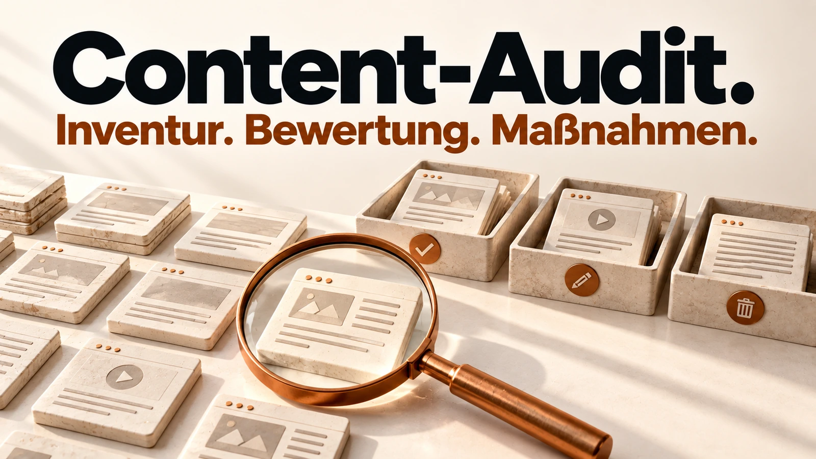 Illustration: Website-Bausteine werden auf einem Prüftisch untersucht und für weitere Maßnahmen geordnet.