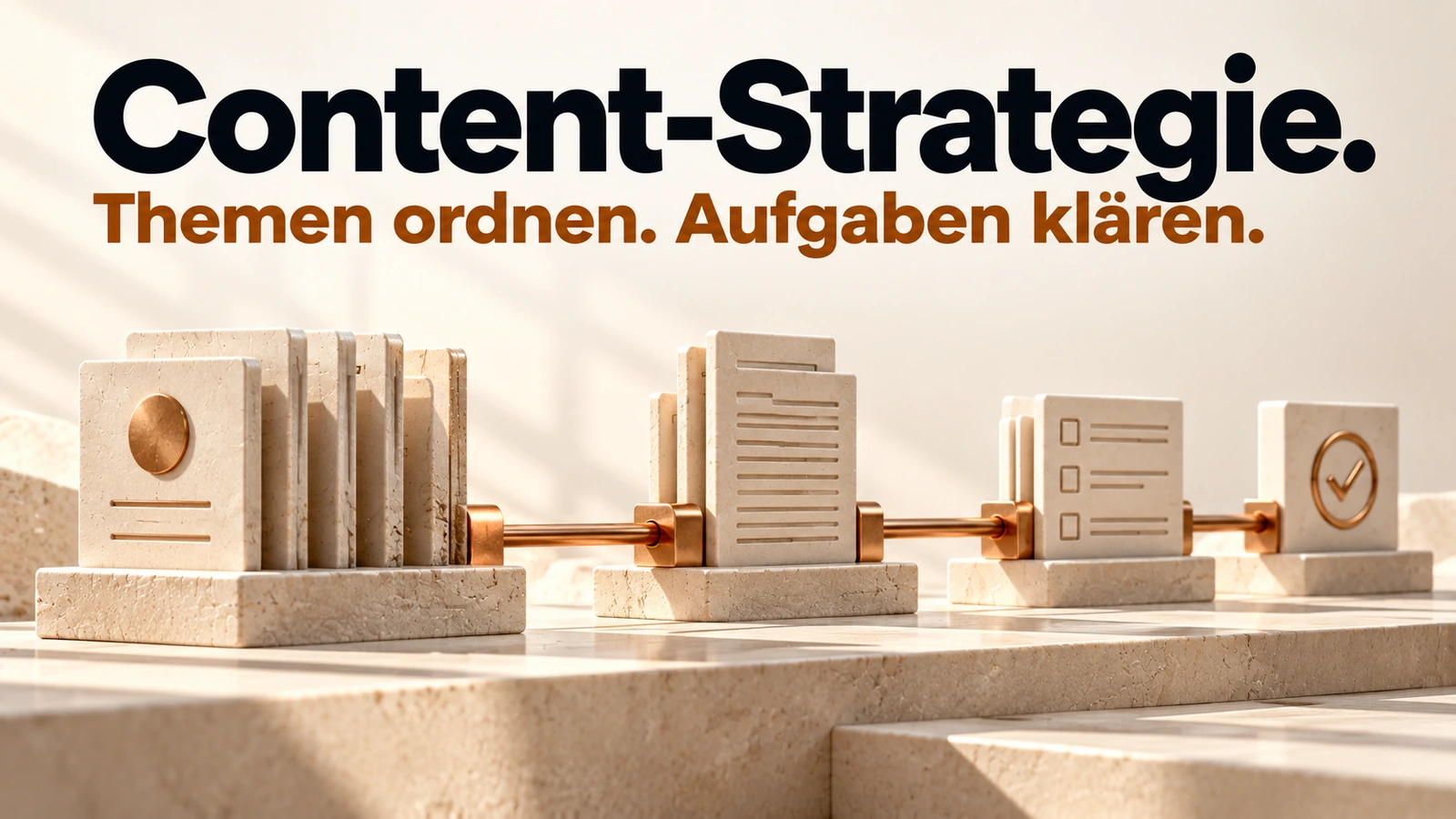 Illustration: Unterschiedliche Inhaltsbausteine sind entlang eines Kupferwegs für Planung, Produktion und Prüfung angeordnet.