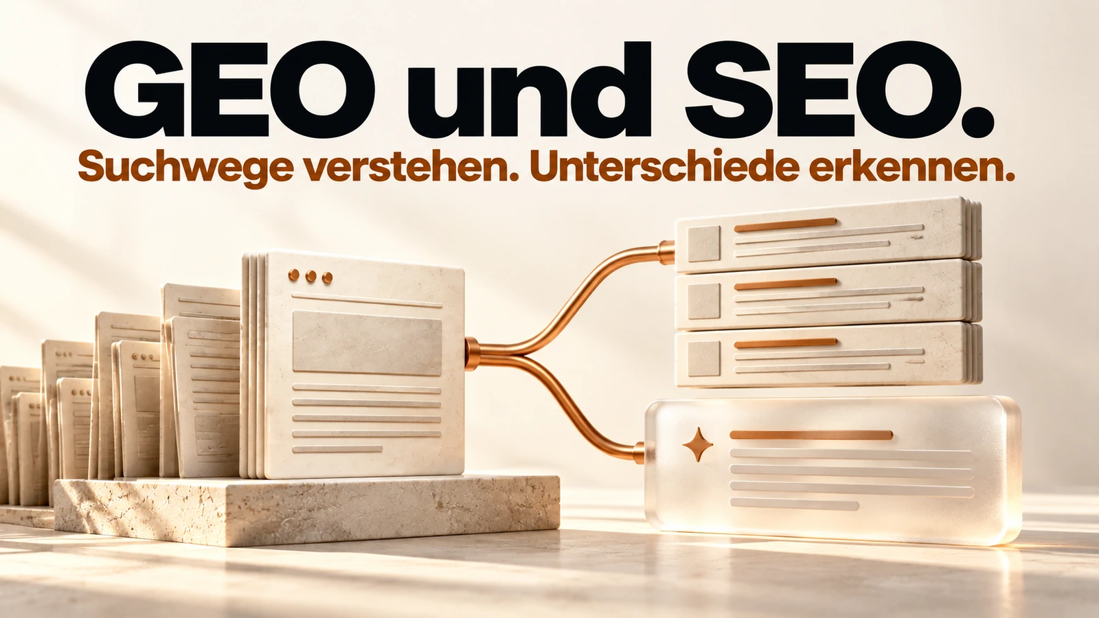 Illustration: Zwei Suchwege führen von Website-Quellen zu einer Ergebnisliste beziehungsweise zu einer zusammengeführten Antwort.
