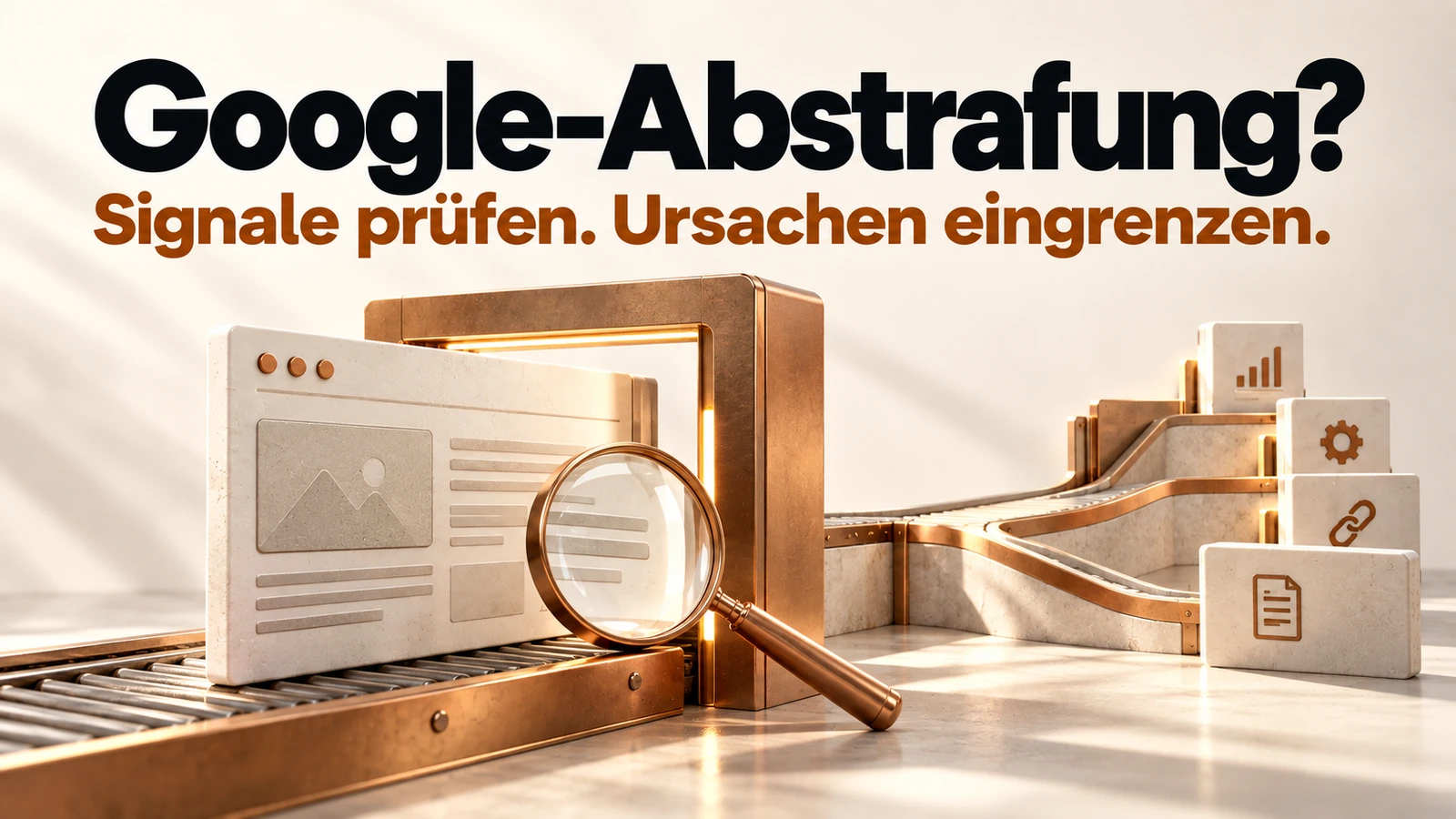 Illustration: Eine Website wird an einem Prüfpunkt untersucht; verschiedene Wege helfen, mögliche Ursachen einzugrenzen.