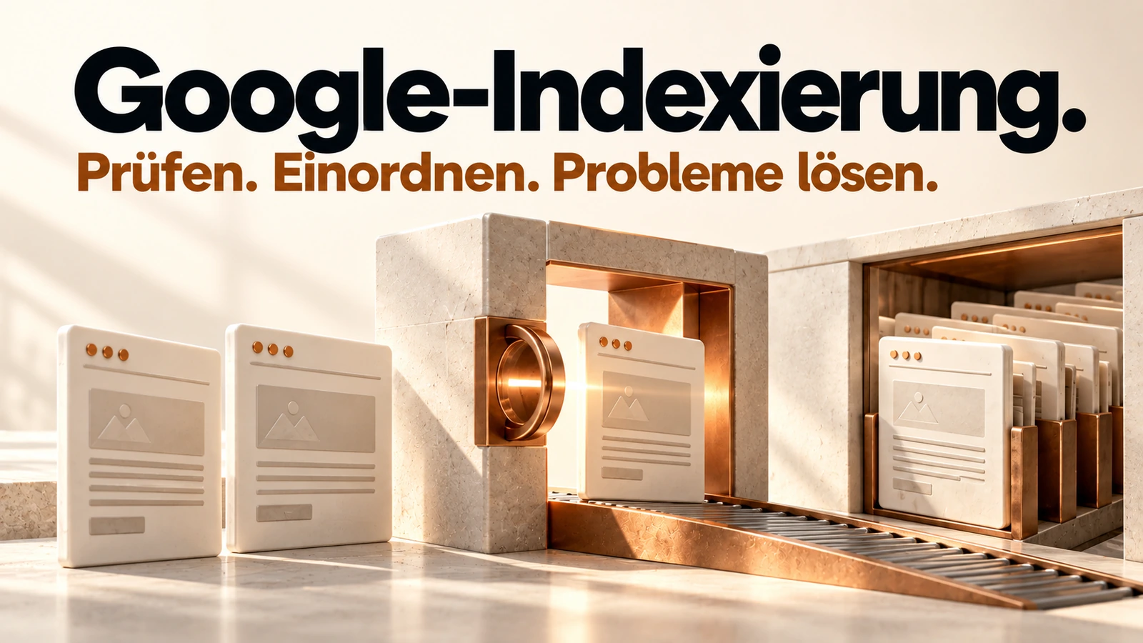 Illustration: Eine Website-Seite wird an einem Prüfpunkt untersucht, bevor sie in ein geordnetes Archiv gelangt.