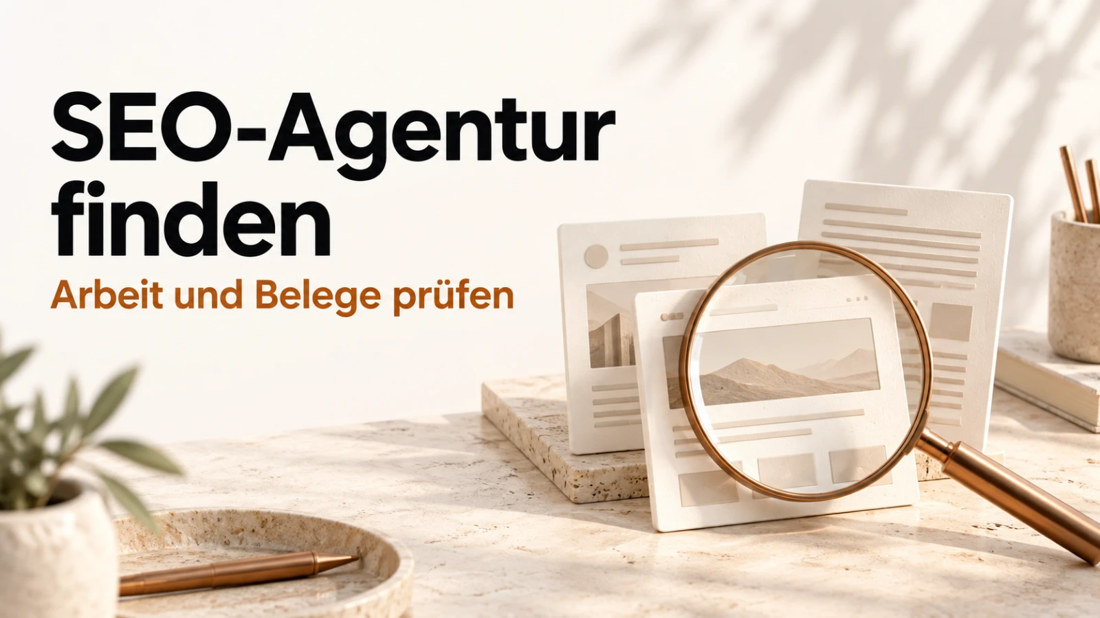 SEO-Agentur finden: Eine kupferfarbene Lupe prüft helle Website- und Dokumentkarten; Aufschrift „Arbeit und Belege prüfen“.